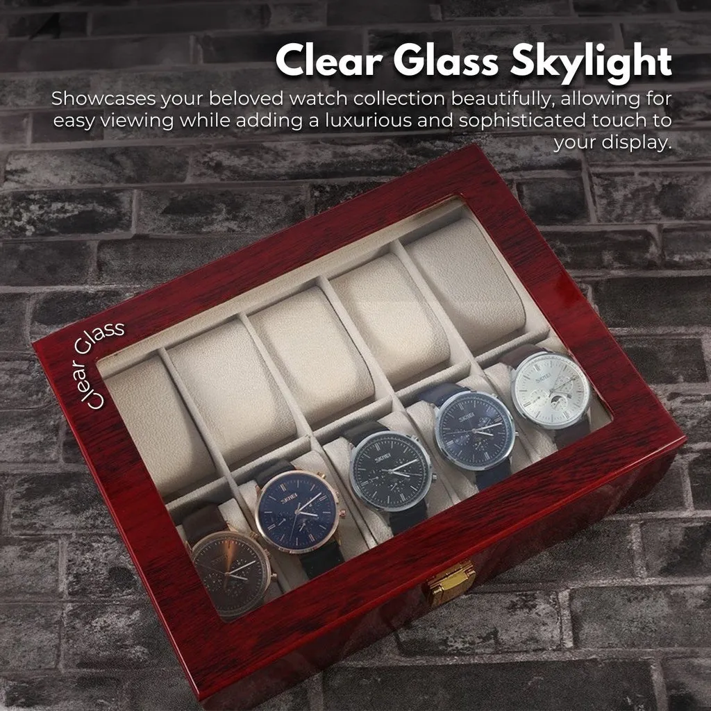 10 Slot Red Wood Watch Display Box with Glass Skylight