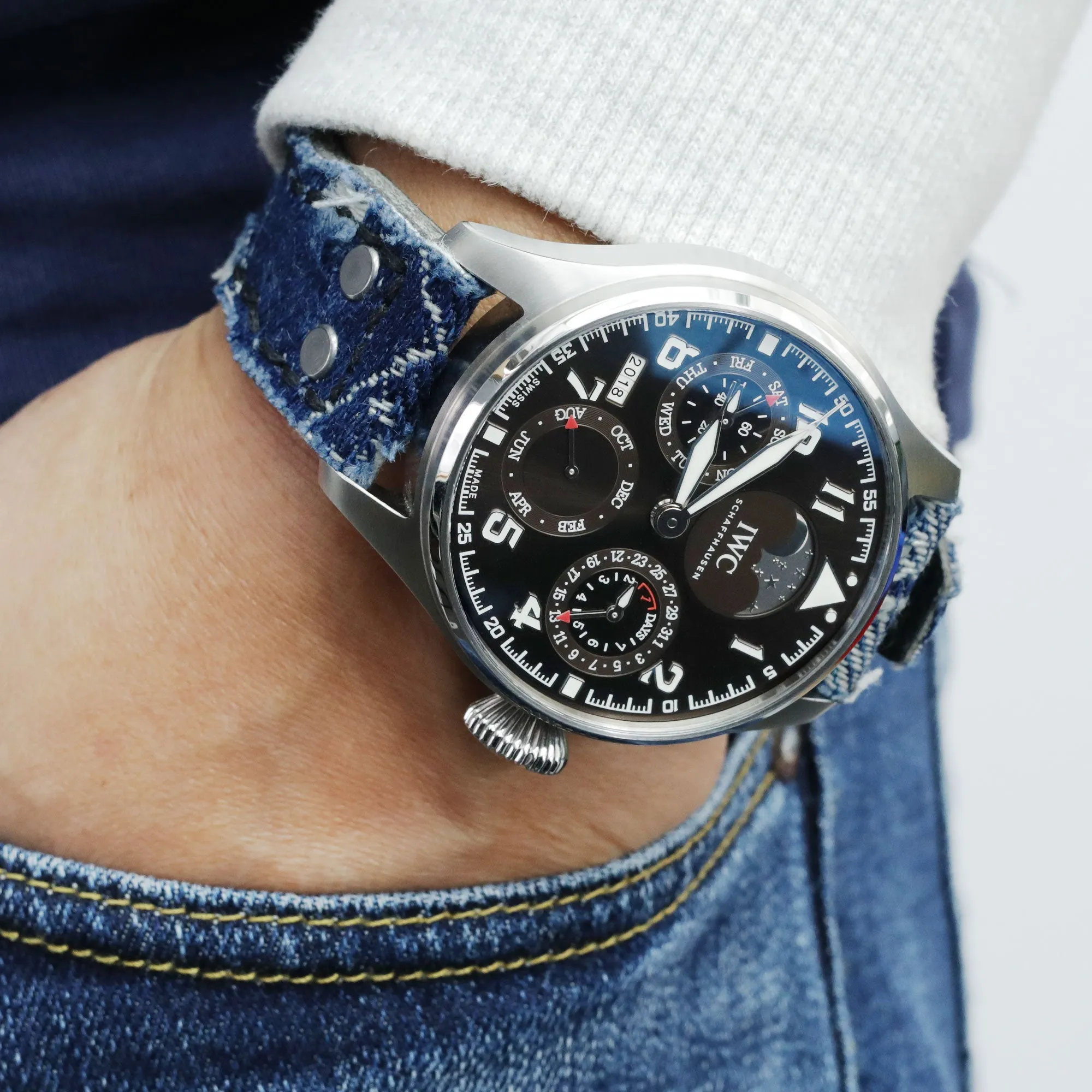 22mm MiLTAT Blue Distressed Denim Replacement Strap compatible with IWC Big Pilot, Rivet Lug