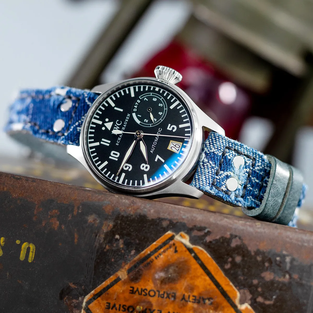 22mm MiLTAT Blue Distressed Denim Replacement Strap compatible with IWC Big Pilot, Rivet Lug