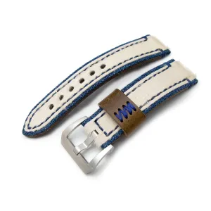 24mm MiLTAT Zizz Collection Beige Fur & Denim Watch Strap Blue Wax Hand Stitching