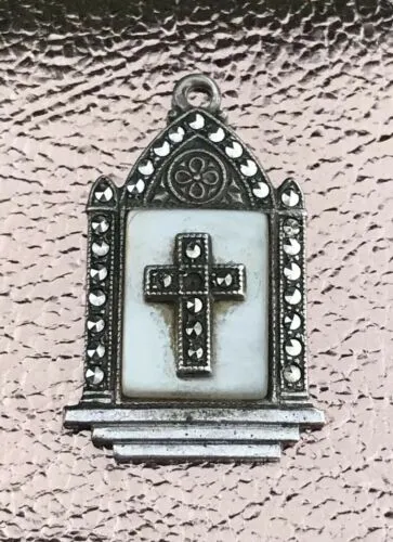 Antique Sterling Silver 925 Mother Of Pearl Marchasite Cathedral Pendant