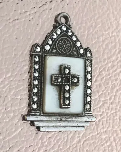 Antique Sterling Silver 925 Mother Of Pearl Marchasite Cathedral Pendant