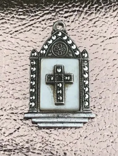 Antique Sterling Silver 925 Mother Of Pearl Marchasite Cathedral Pendant