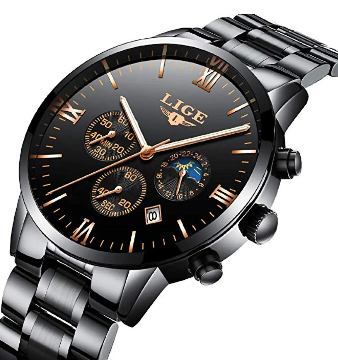 Black Glow in the Dark Men's Luxury Business Quartz Watch. Fashion Analog Chronograph Wrist Watch