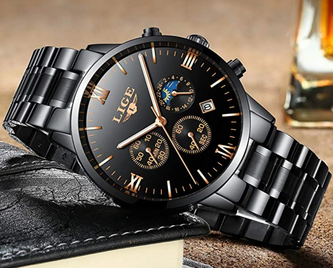 Black Glow in the Dark Men's Luxury Business Quartz Watch. Fashion Analog Chronograph Wrist Watch