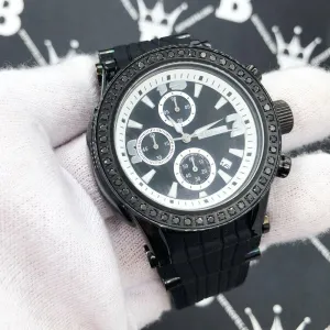 Chronograph Rubber Band 2.00 Carat Black Diamond Hip Hop Watch JoJino