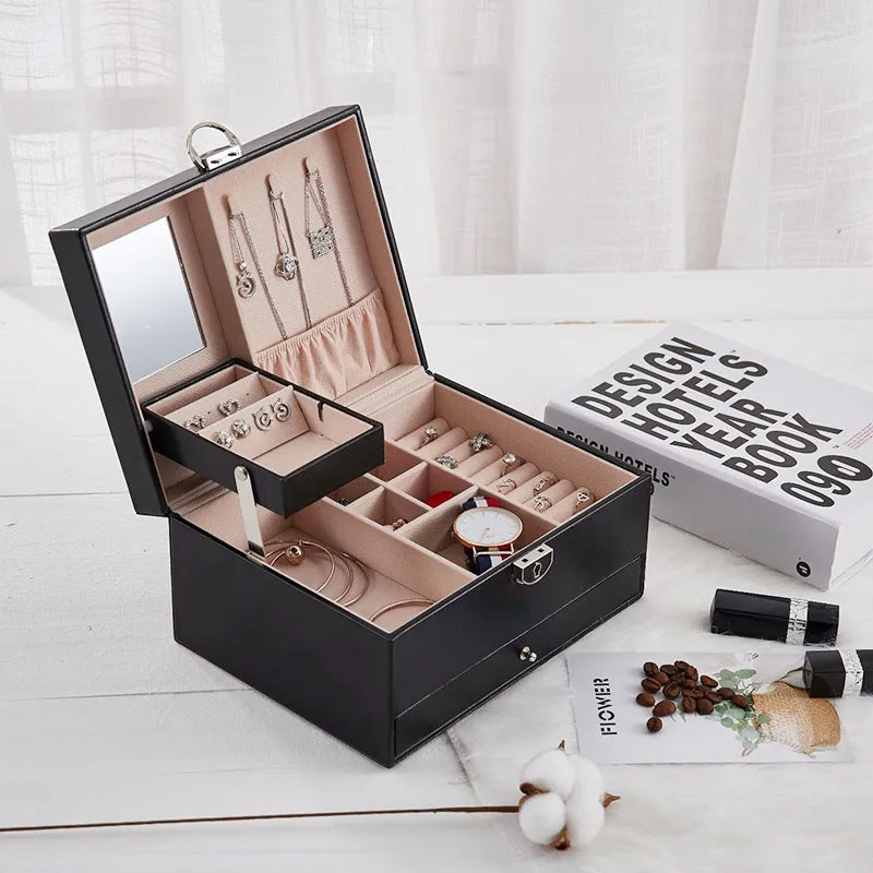 Deluxe Jewelry Organizer Box with Drawer and Mirror Elegant Storage for Rings, Earrings, Watches, and More