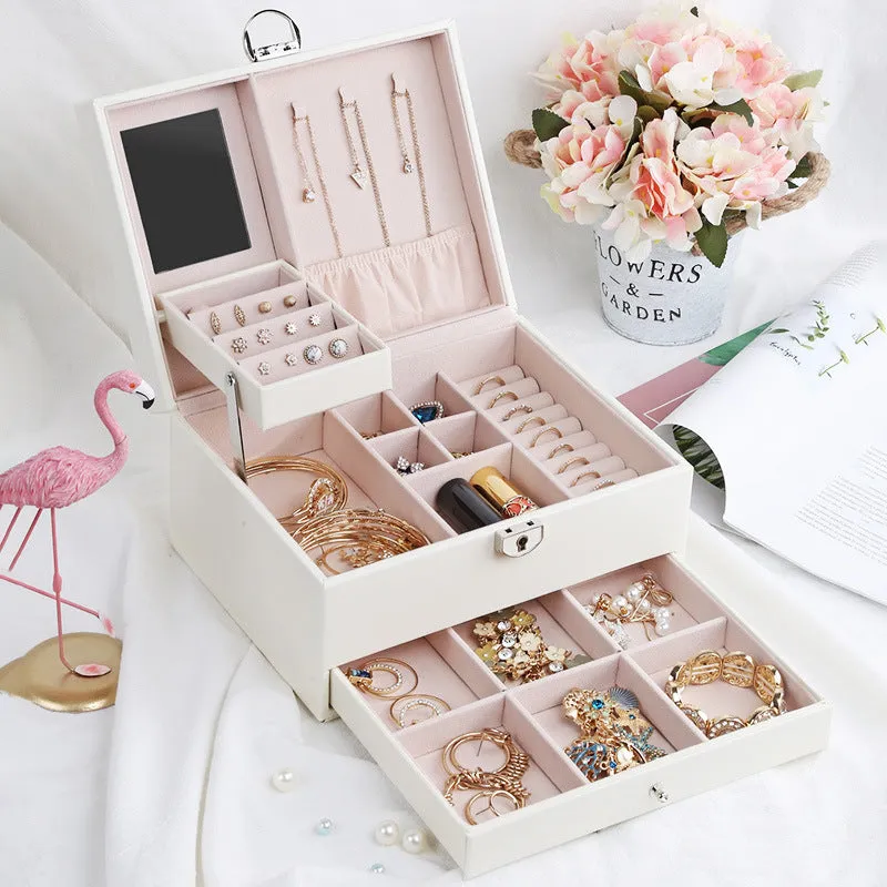 Deluxe Jewelry Organizer Box with Drawer and Mirror Elegant Storage for Rings, Earrings, Watches, and More