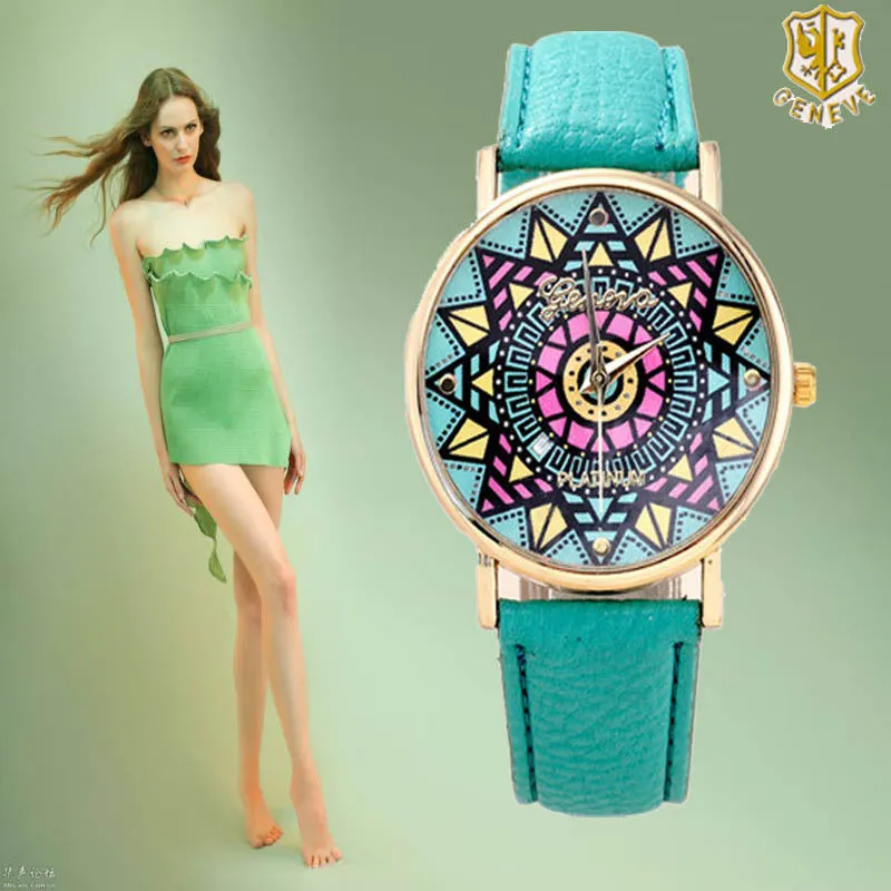 Fashion Clock Geneva Dress Watch Women Sunflower Style Leather Strap Relogio Feminino Fantastic Gift Reloj Graffiti Watch