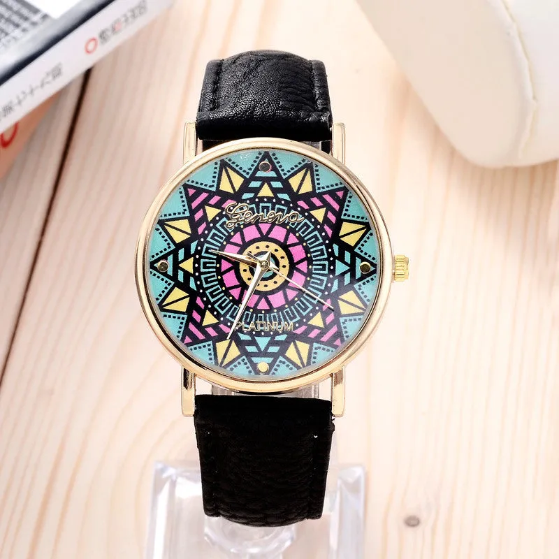 Fashion Clock Geneva Dress Watch Women Sunflower Style Leather Strap Relogio Feminino Fantastic Gift Reloj Graffiti Watch