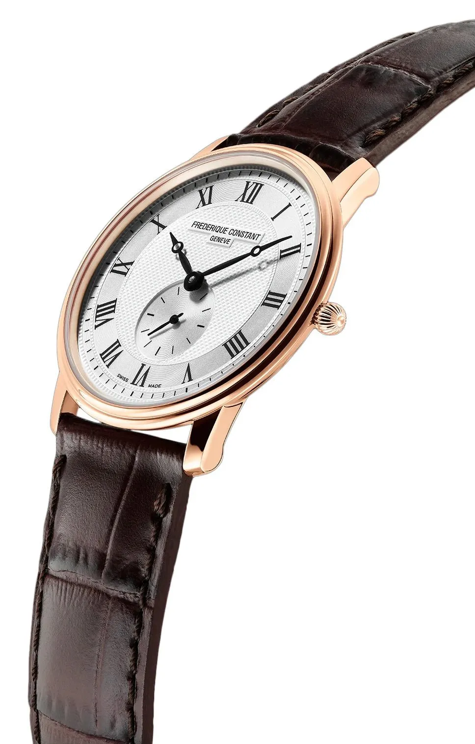 Frederique Constant Slimline Small Seconds Rose Gold-Plated Silver Dial Brown Leather Strap Quartz Mens Watch FC-235M4S4