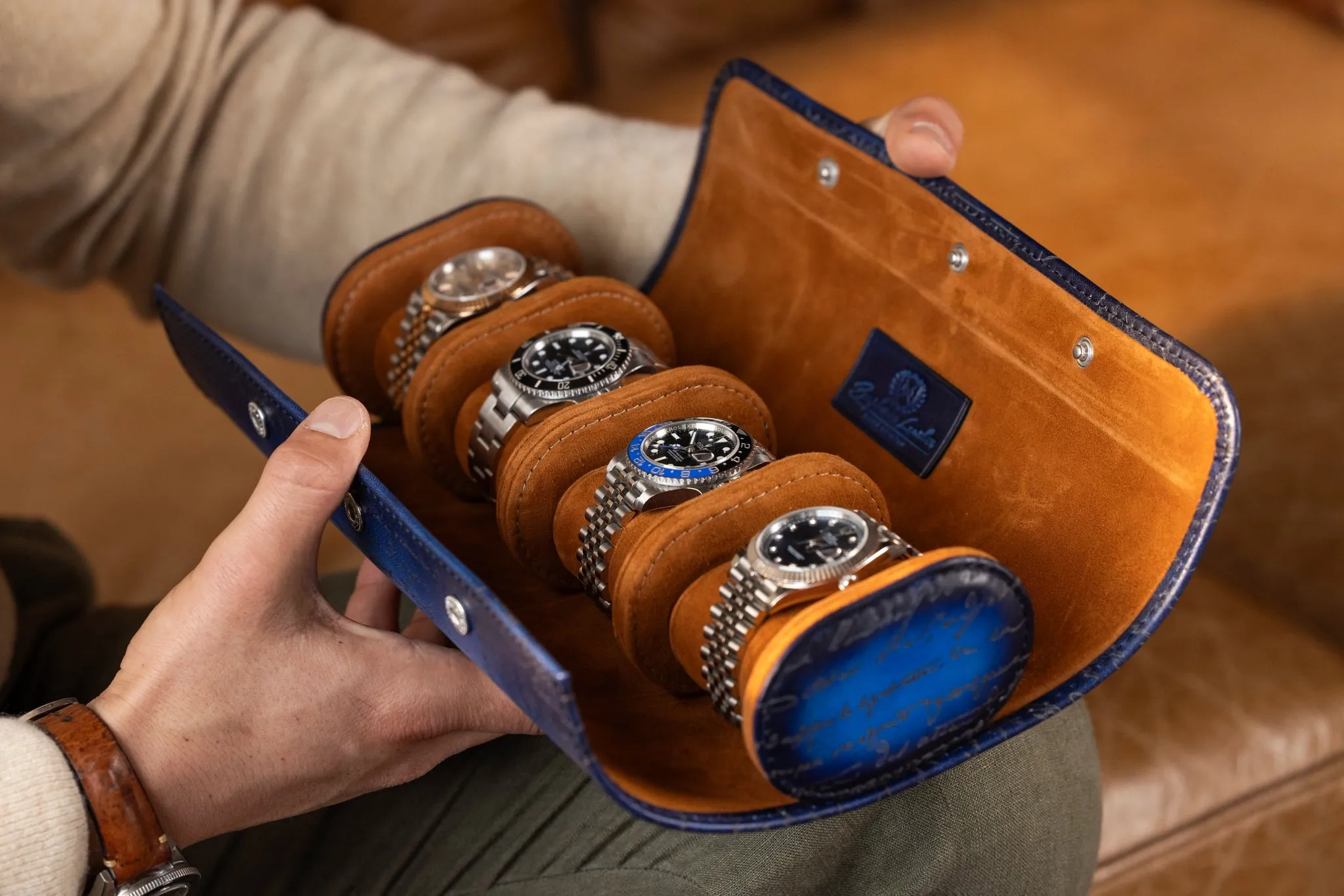 Galata Watch Roll - Parchment Patina Blue For 4 Watches