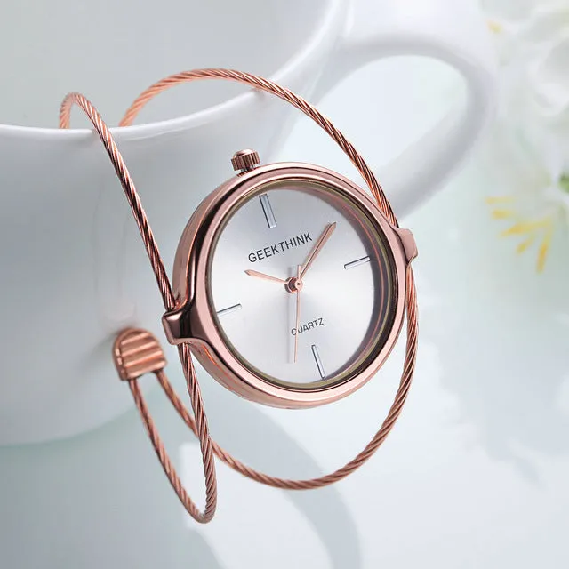 GEEKTHINK Unique Fashion Brand Quartz Watch Women Bracelet Ladies Rose Gold Watch female Luxury Double Ring steel band casual