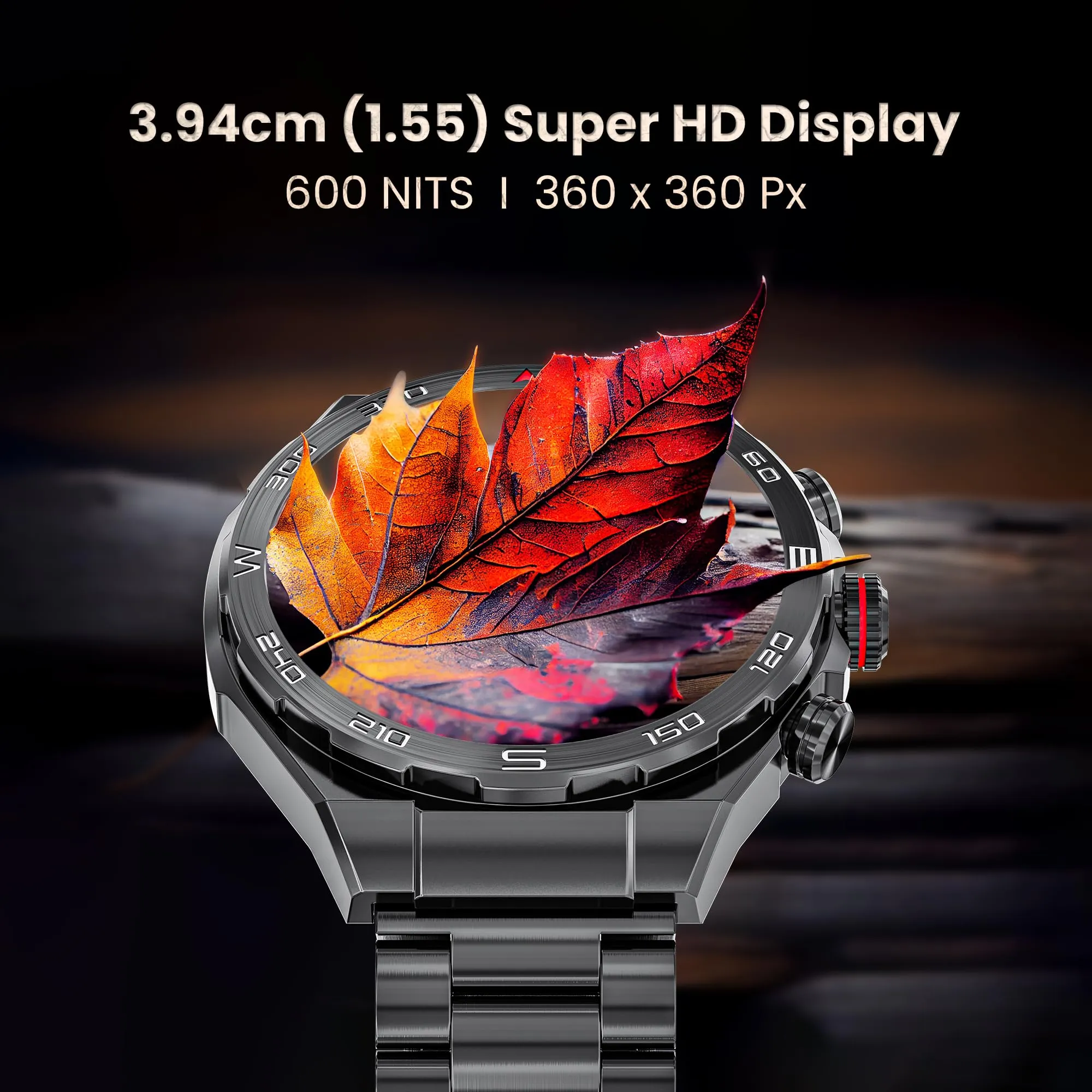 GIZMORE IKON Luxe 3.93cm (1.55) FHD Display | AOD with 600 NITS I Active Crown & 3 Buttons Control | IP68 | Zinc Alloy Metal Body | 15 Days Battery & 120 Sport Modes I BT Calling Smartwatch (Black)