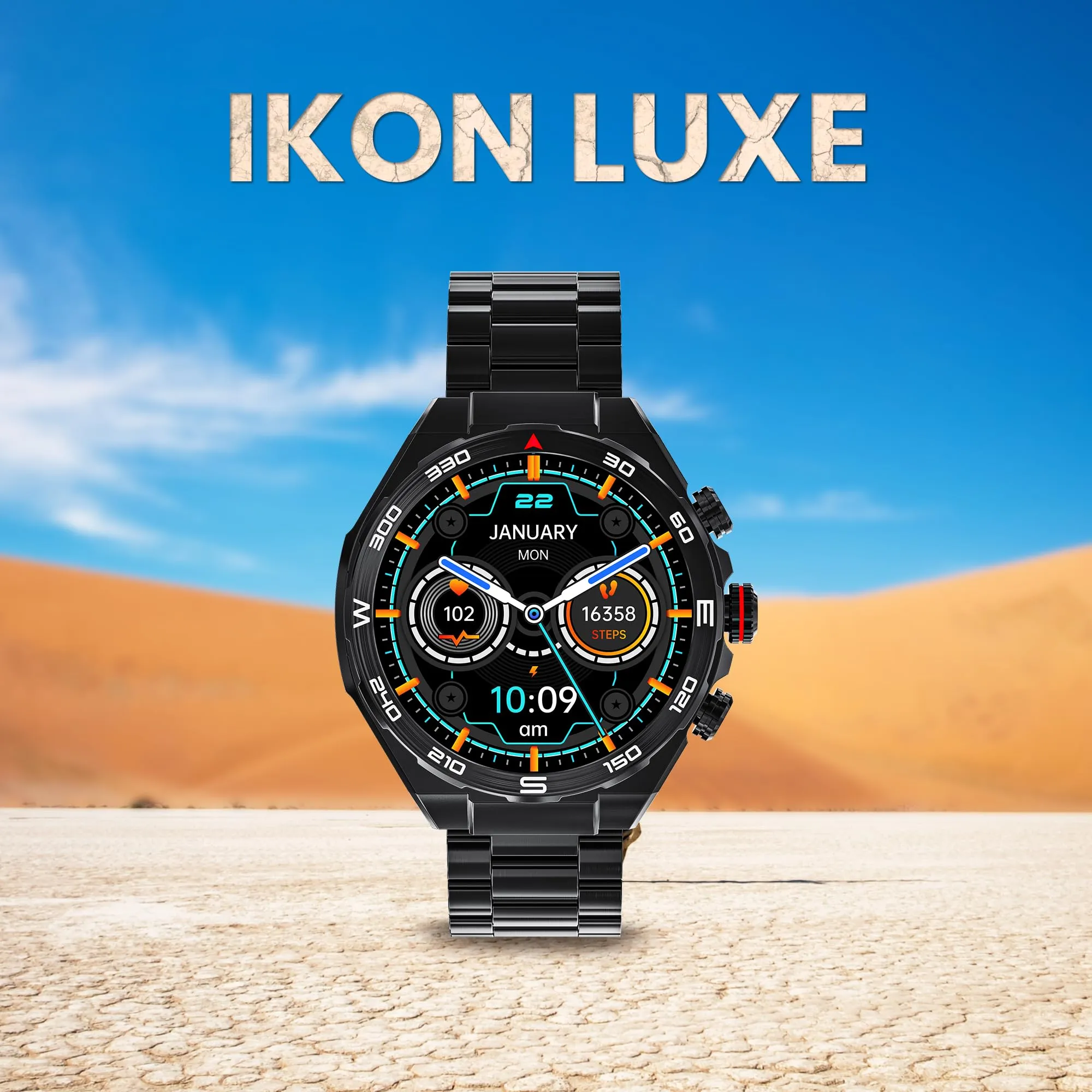 GIZMORE IKON Luxe 3.93cm (1.55) FHD Display | AOD with 600 NITS I Active Crown & 3 Buttons Control | IP68 | Zinc Alloy Metal Body | 15 Days Battery & 120 Sport Modes I BT Calling Smartwatch (Black)