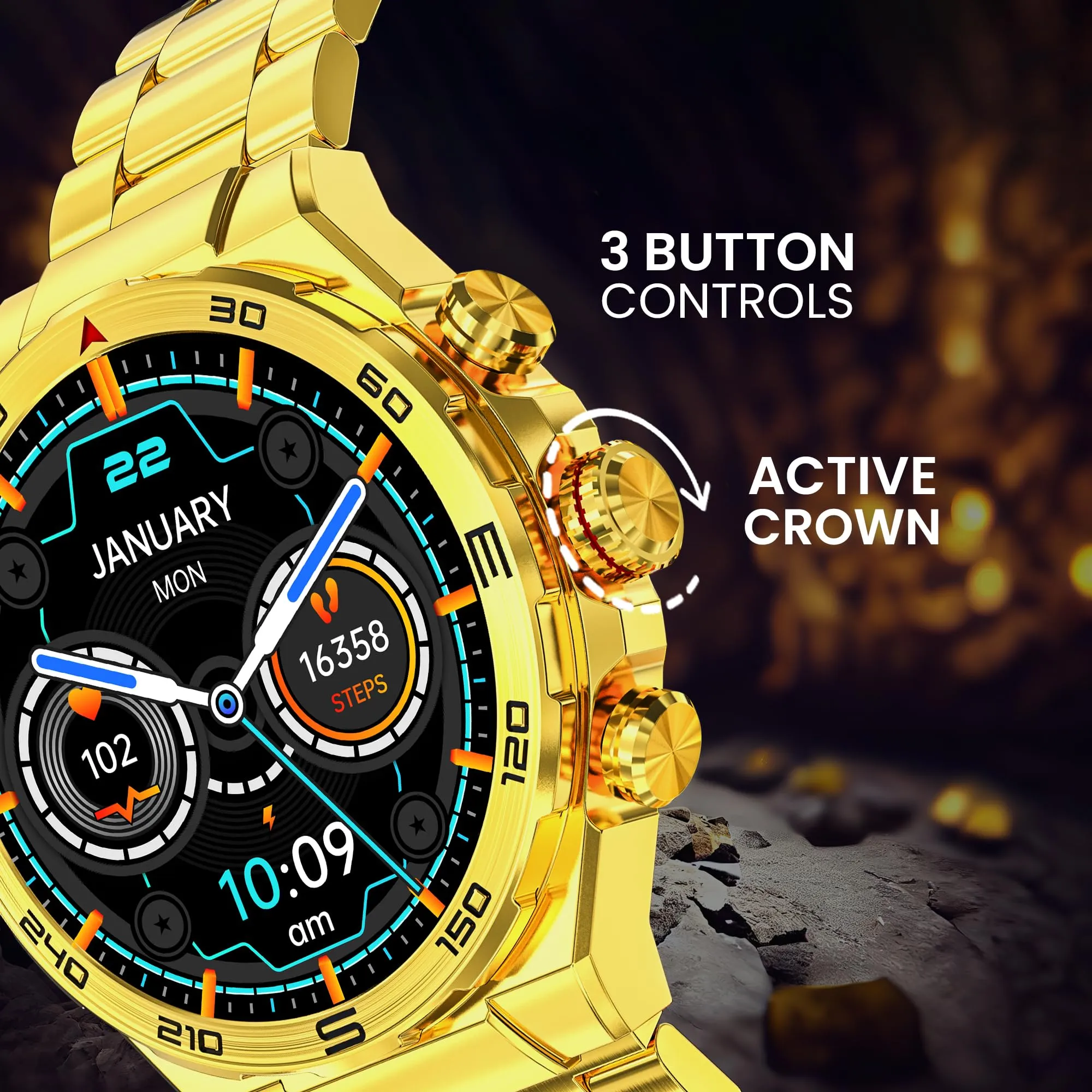 GIZMORE IKON Luxe 3.93cm (1.55) FHD Display | AOD with 600 NITS I Active Crown & 3 Buttons Control | IP68 | Zinc Alloy Metal Body | 15 Days Battery & 120 Sport Modes I BT Calling Smartwatch (Gold)