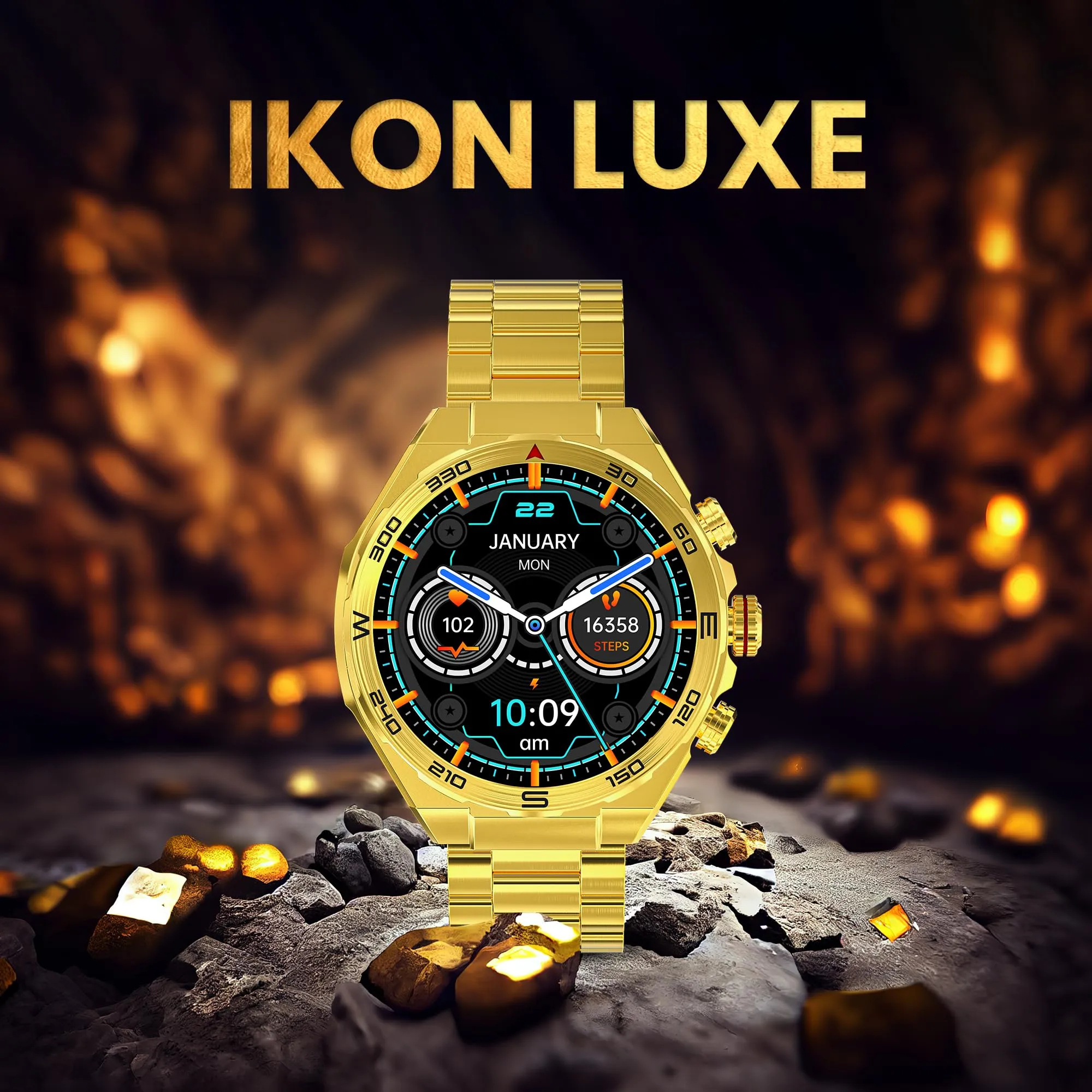 GIZMORE IKON Luxe 3.93cm (1.55) FHD Display | AOD with 600 NITS I Active Crown & 3 Buttons Control | IP68 | Zinc Alloy Metal Body | 15 Days Battery & 120 Sport Modes I BT Calling Smartwatch (Gold)