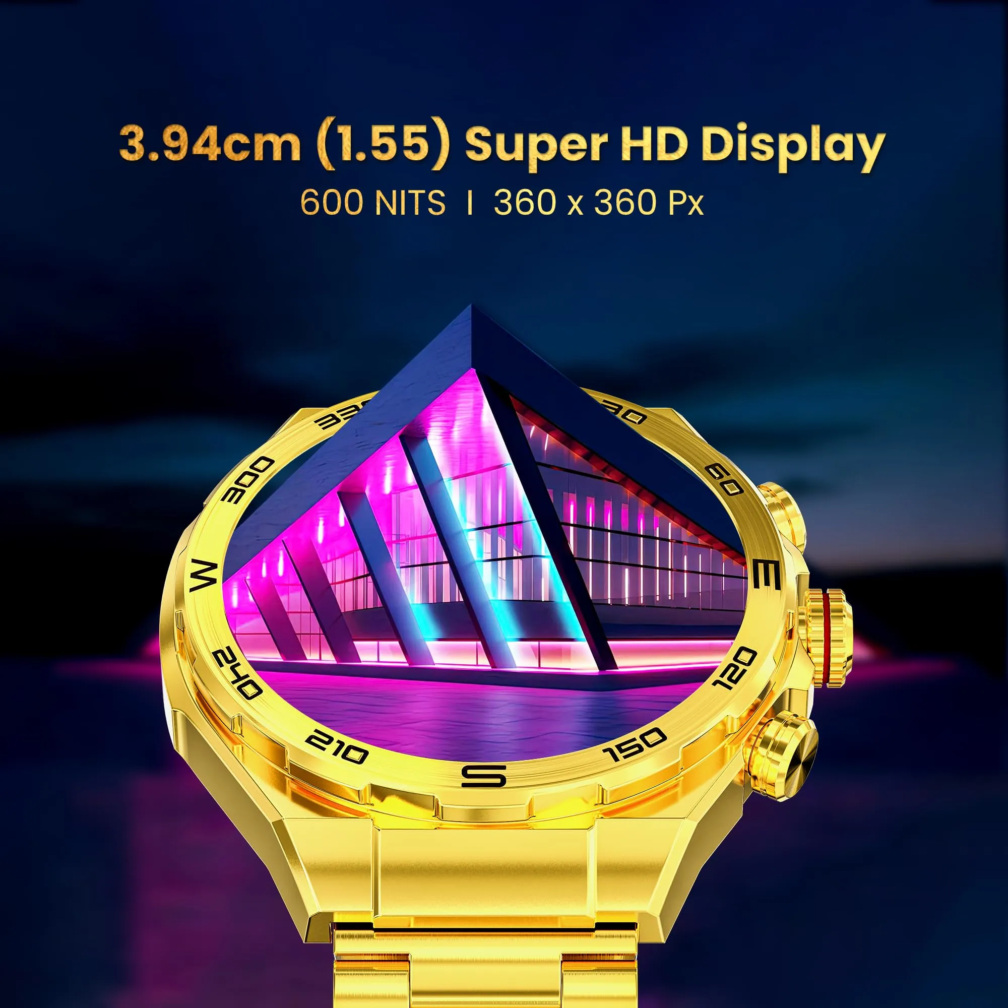 GIZMORE IKON Luxe 3.93cm (1.55) FHD Display | AOD with 600 NITS I Active Crown & 3 Buttons Control | IP68 | Zinc Alloy Metal Body | 15 Days Battery & 120 Sport Modes I BT Calling Smartwatch (Gold)