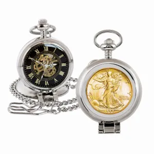 Gold-Layered Silver Walking Liberty Half Dollar Coin Pocket Watch with Skeleton