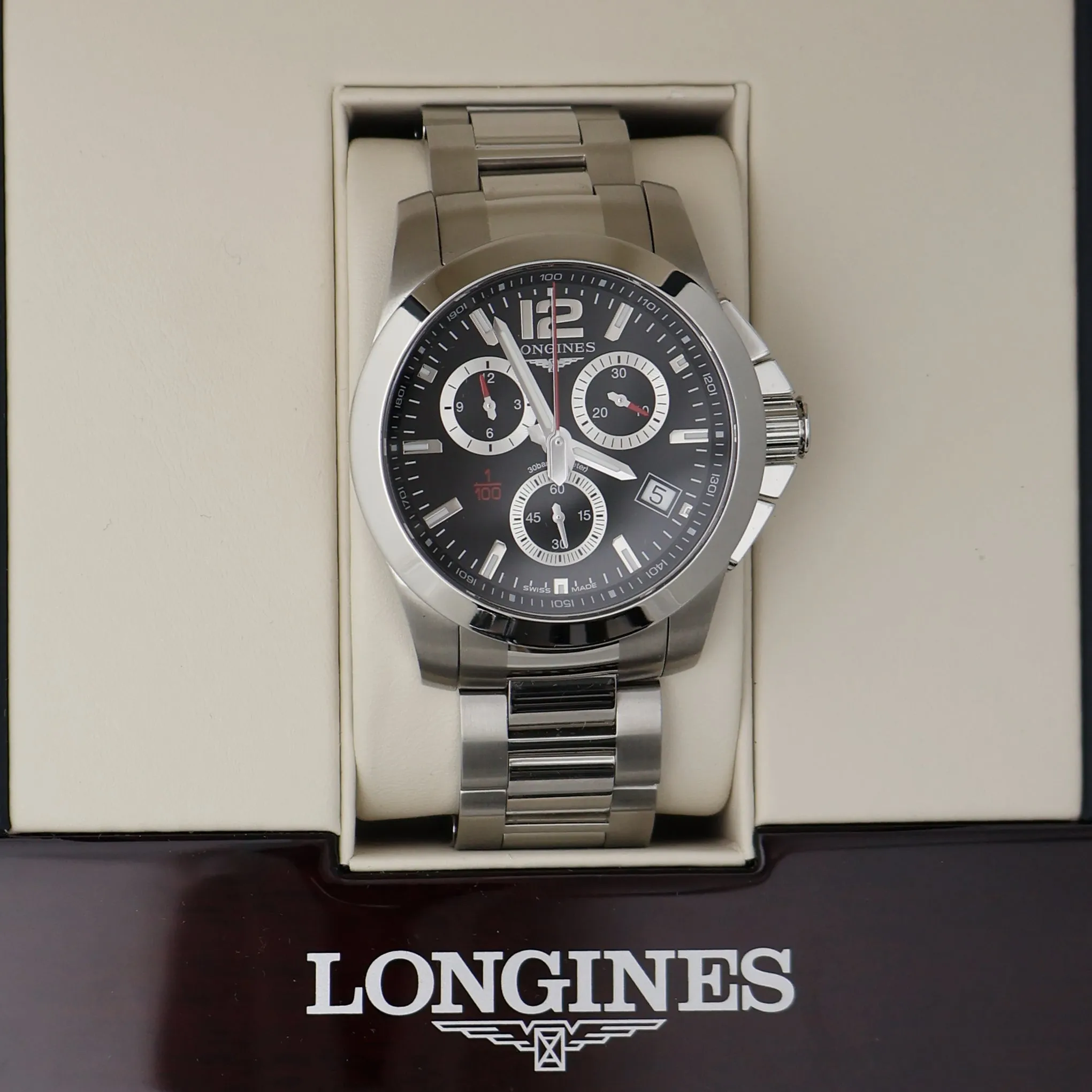 Longines Conquest Chronograph Stainless Steel Black Dial Date Divers Quartz Mens Watch L3.700.4.56.6