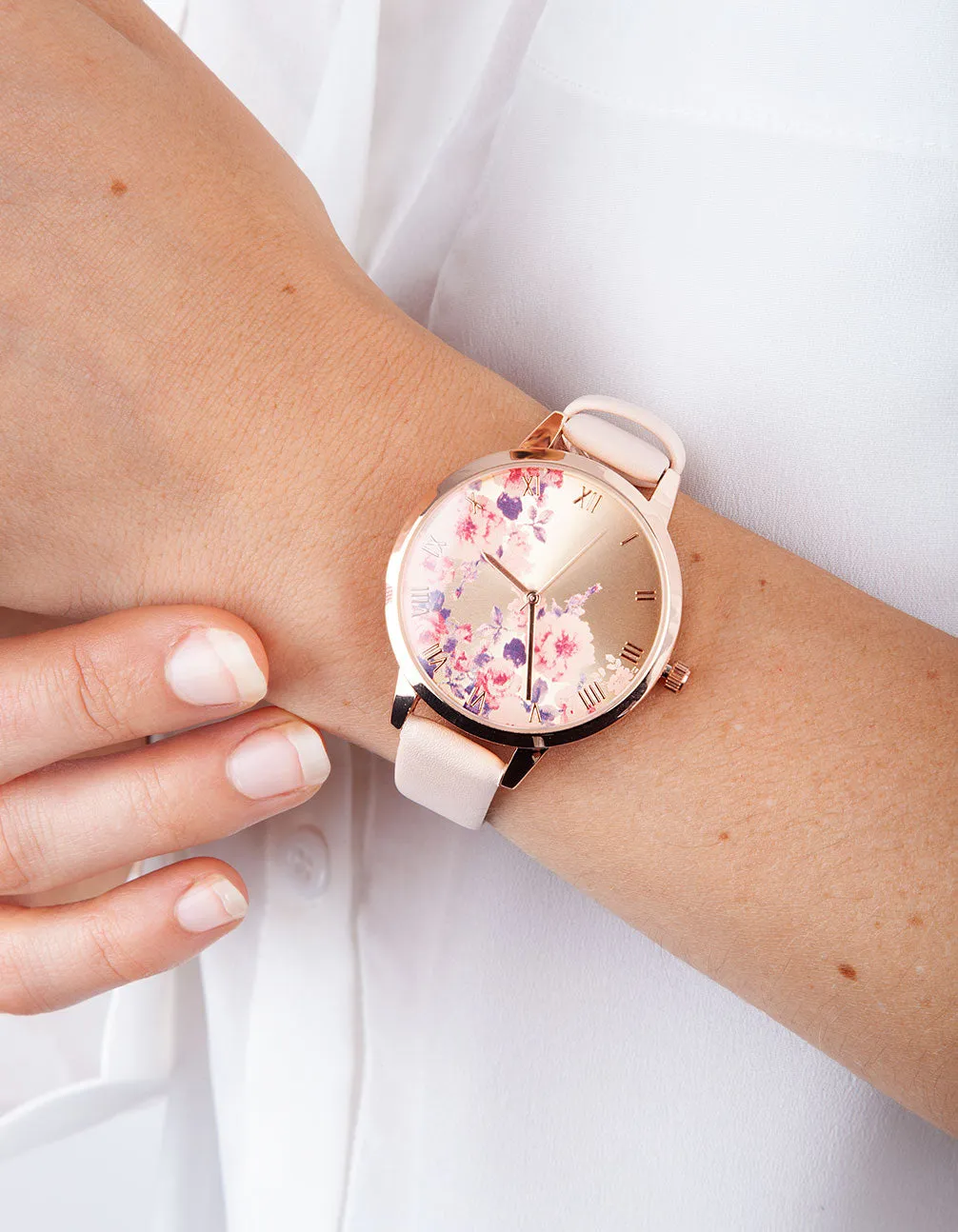 Pink Floral PU Strap Watch