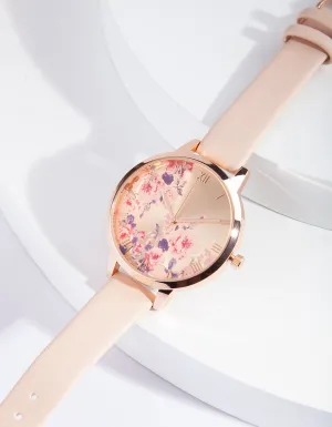 Pink Floral PU Strap Watch