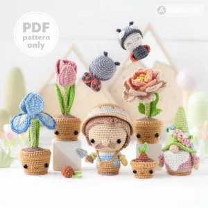 Secret Garden from “Mini Kingdom” collection / crochet patterns by AradiyaToys (Amigurumi tutorial PDF file), crochet flowers, amigurumi gnome, crochet ladybug, amigurumi gardener