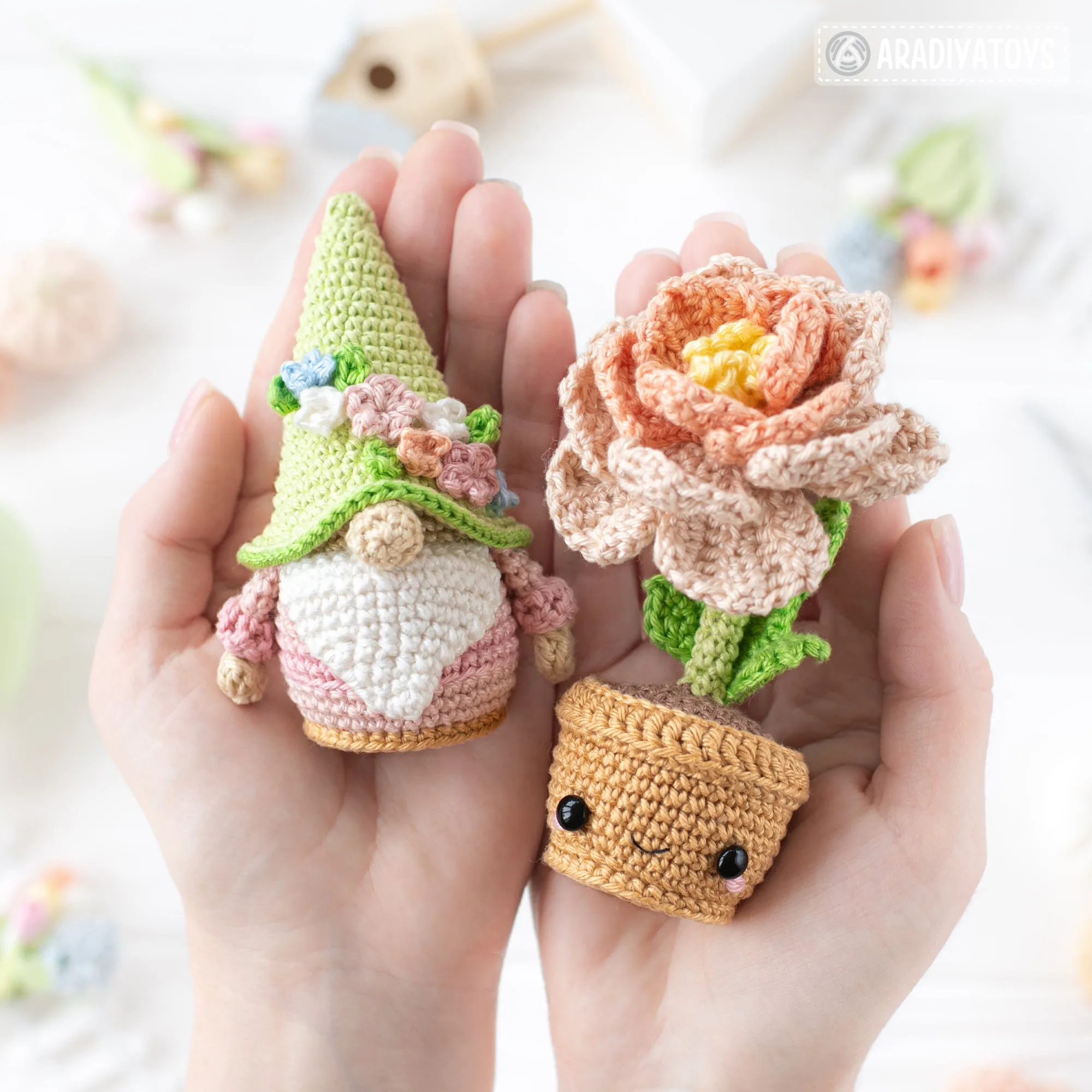 Secret Garden from “Mini Kingdom” collection / crochet patterns by AradiyaToys (Amigurumi tutorial PDF file), crochet flowers, amigurumi gnome, crochet ladybug, amigurumi gardener