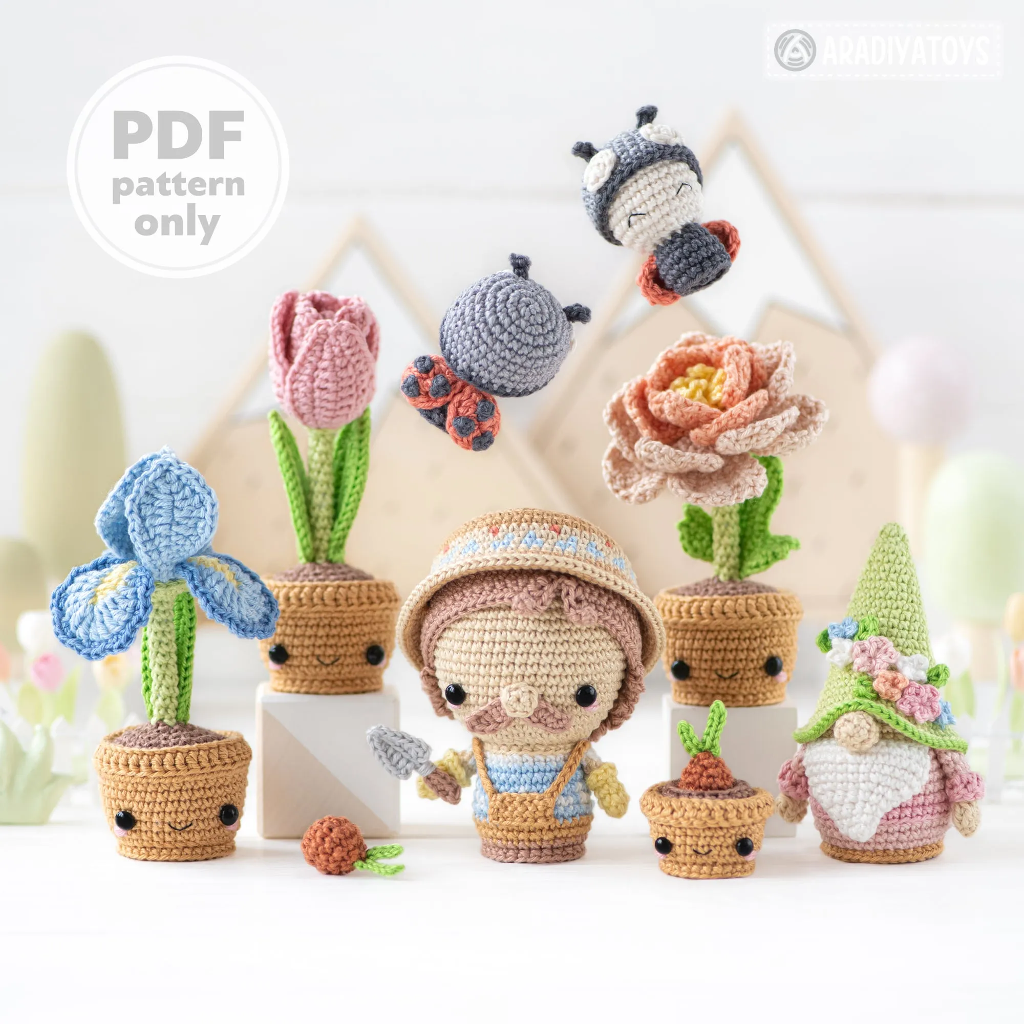 Secret Garden from “Mini Kingdom” collection / crochet patterns by AradiyaToys (Amigurumi tutorial PDF file), crochet flowers, amigurumi gnome, crochet ladybug, amigurumi gardener