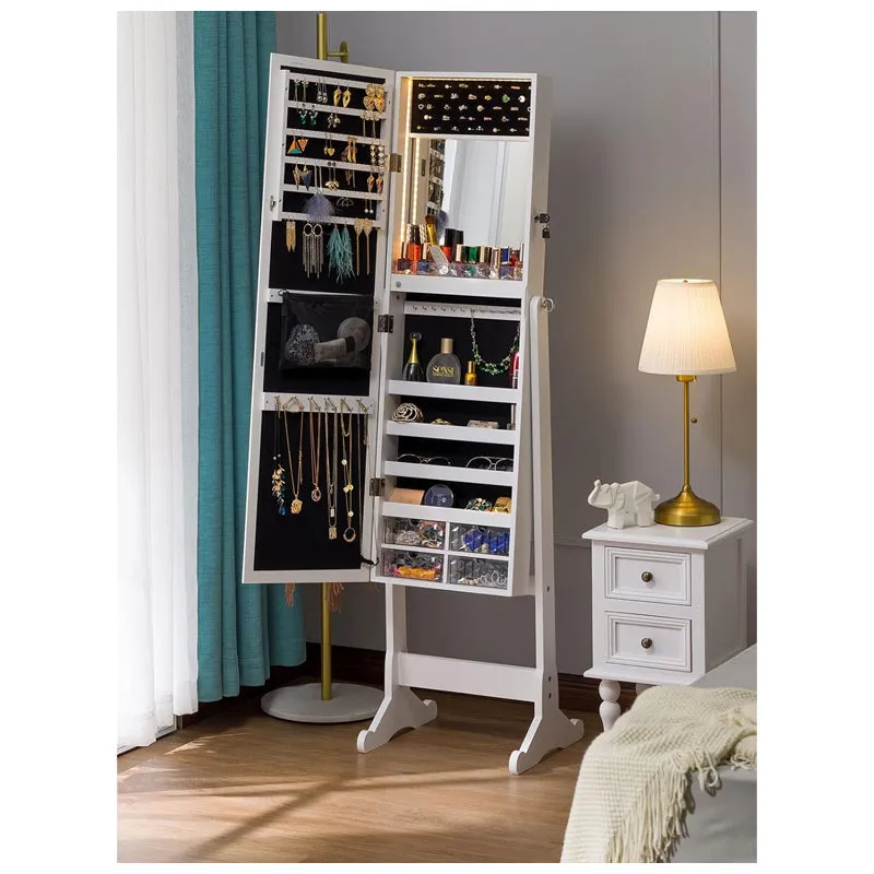 Standing Jewellery Cabinet With Led Lights Mirror - White