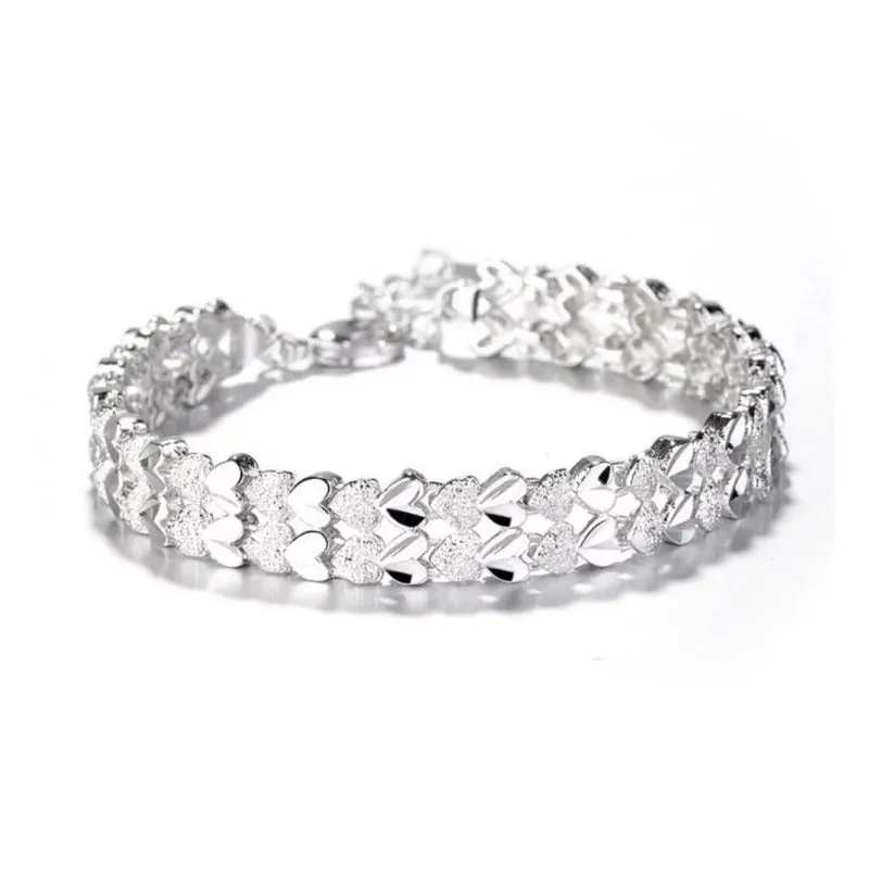 Sterling Silver Diamond Cut Two Row Heart Bracelet