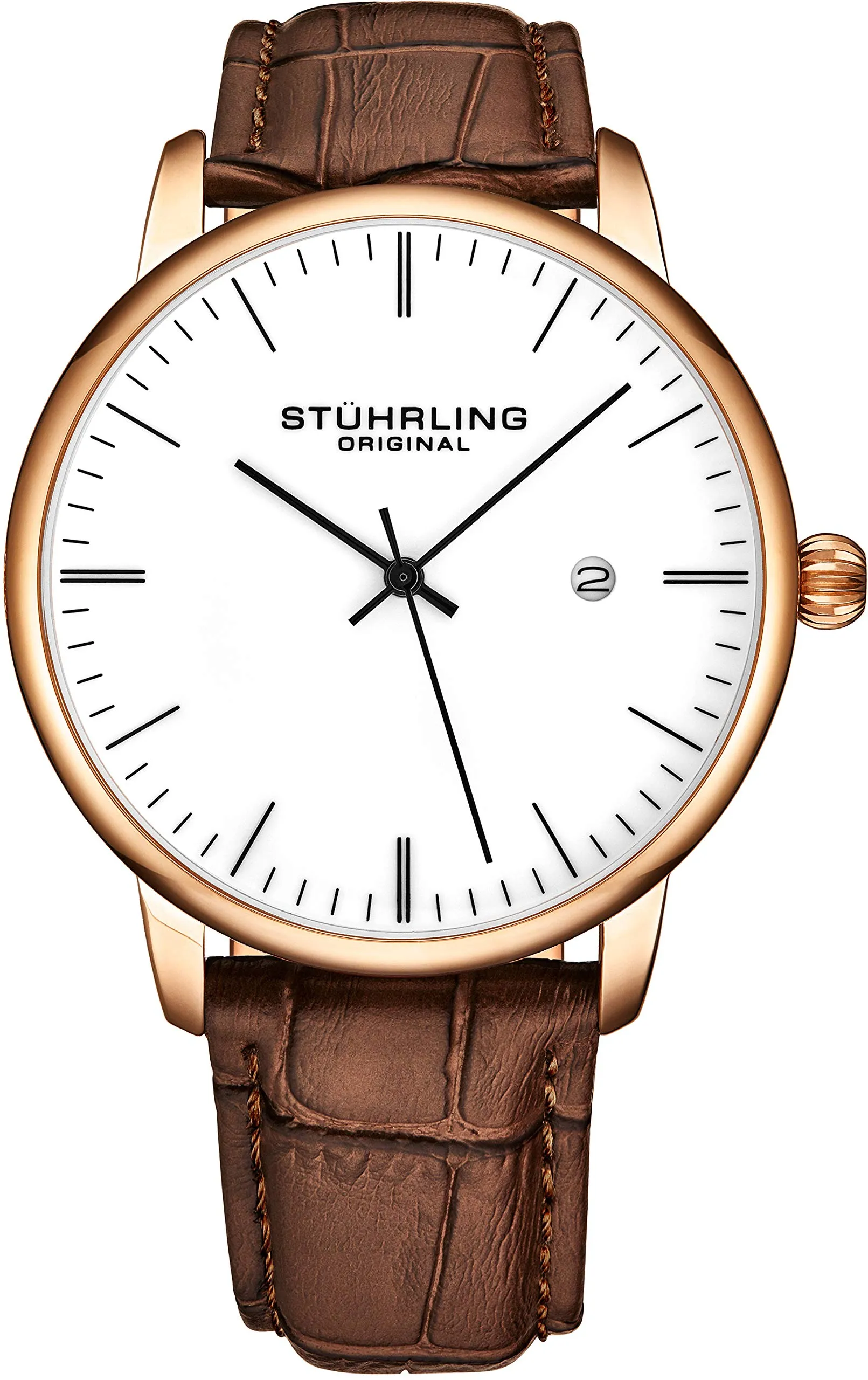 Stuhrling Original Mens Watch Calfskin Leather Strap - Dress   Casual Design - Analog Watch Dial with Date, 3997Z Watches for Men Collection (Rose Gold White)