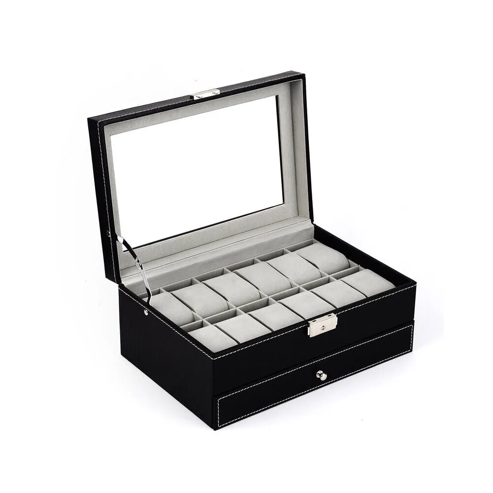 US12 Slot PU Leather Lockable Watch Storage Boxes Jewelry Display Drawer Case