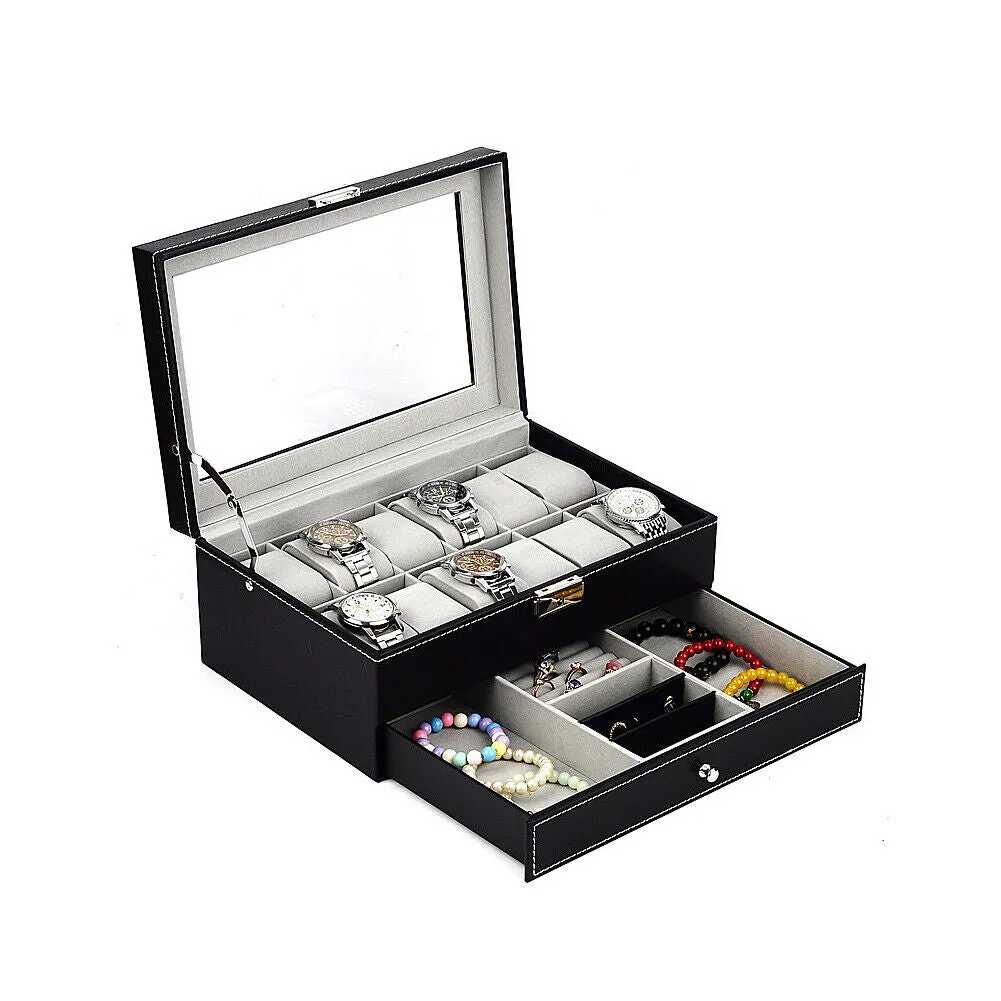 US12 Slot PU Leather Lockable Watch Storage Boxes Jewelry Display Drawer Case