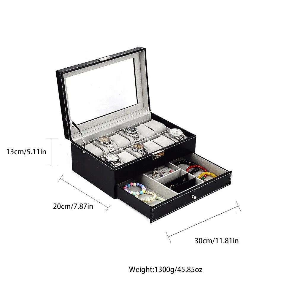 US12 Slot PU Leather Lockable Watch Storage Boxes Jewelry Display Drawer Case