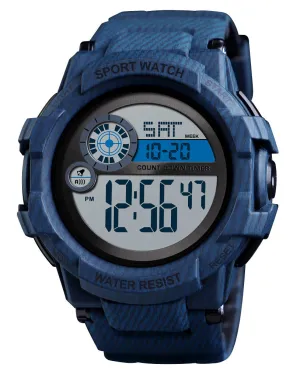 V2A Denim Blue Digital 5ATM Waterproof Sports Watch with Backlight Alarm Stopwatch for Men and Boys (White Dial and Blue Colored Strap)