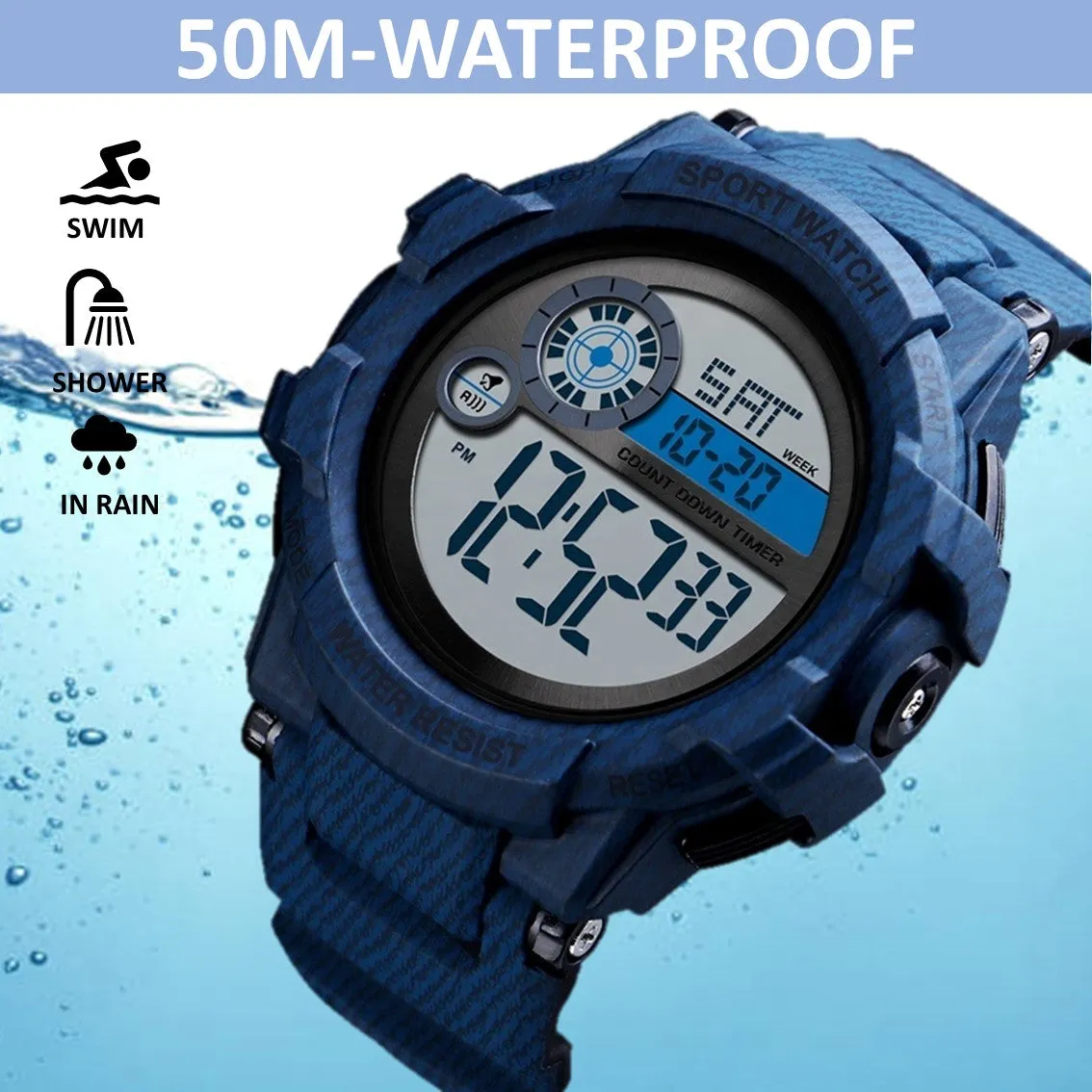 V2A Denim Blue Digital 5ATM Waterproof Sports Watch with Backlight Alarm Stopwatch for Men and Boys (White Dial and Blue Colored Strap)