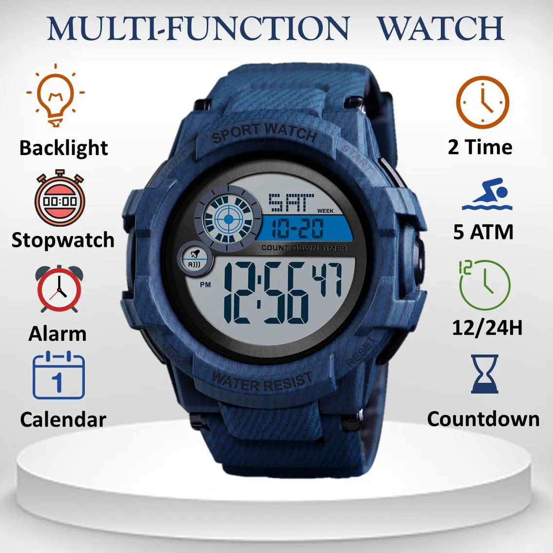 V2A Denim Blue Digital 5ATM Waterproof Sports Watch with Backlight Alarm Stopwatch for Men and Boys (White Dial and Blue Colored Strap)