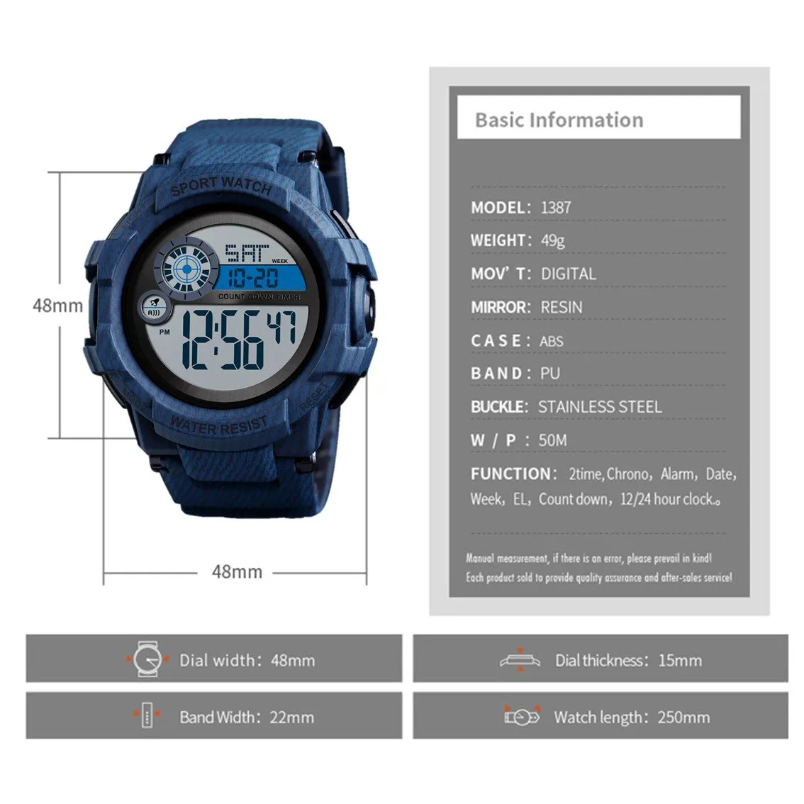 V2A Denim Blue Digital 5ATM Waterproof Sports Watch with Backlight Alarm Stopwatch for Men and Boys (White Dial and Blue Colored Strap)