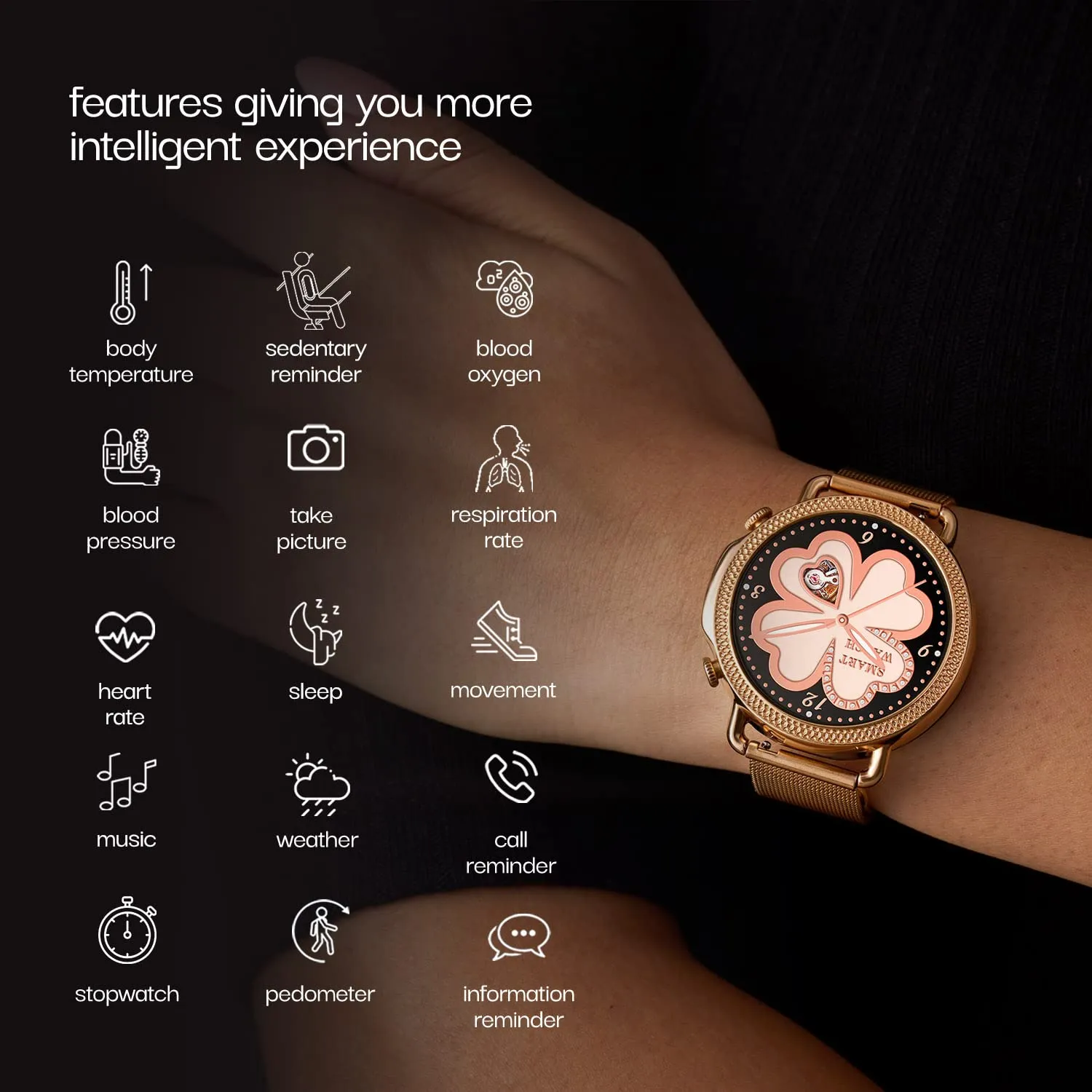 Vibez by Lifelong Ornate Smartwatch for Women with HD Display|Body Temprature |24x7 Heart Rate & SpO2 Tracking|8 Sports Mode|Sleep Monitor|IP67|7 Days Battery Backup (VBSWW450,Gold)