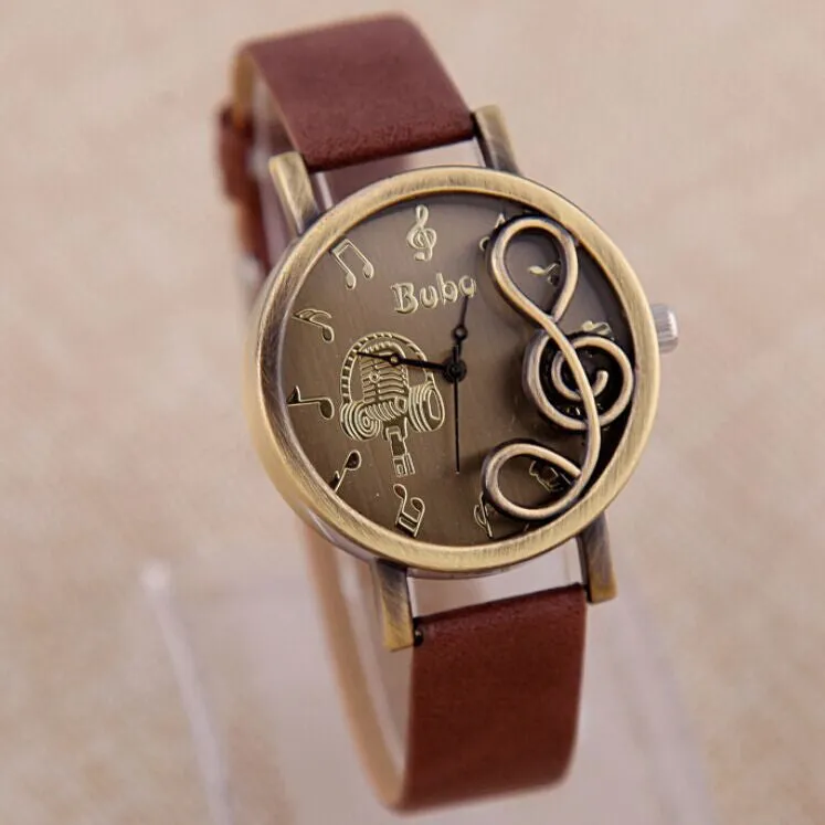 Vintage Copper Alloy Modern musical symbols Dress watches Personality Popular high-end Leather Strap Quartz Casual Watches gift