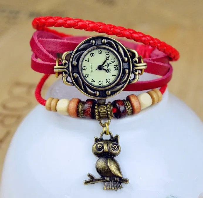 Vintage Watch Leather Strap bronze ladies quartz Watches Owl Pendant item hours wooden Bead Bracelet watch Casual watches