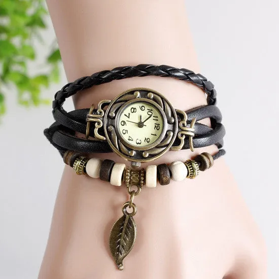 Vintage Watch Leather Strap bronze ladies quartz Watches Owl Pendant item hours wooden Bead Bracelet watch Casual watches