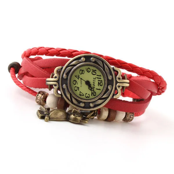 Vintage Watch Leather Strap bronze ladies quartz Watches Owl Pendant item hours wooden Bead Bracelet watch Casual watches