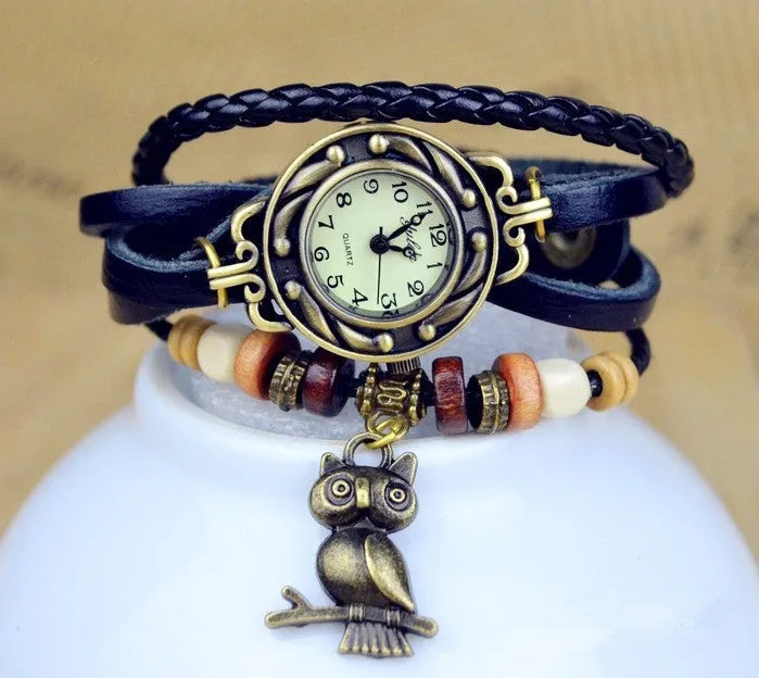 Vintage Watch Leather Strap bronze ladies quartz Watches Owl Pendant item hours wooden Bead Bracelet watch Casual watches