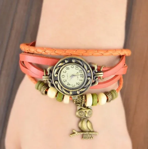 Vintage Watch Leather Strap bronze ladies quartz Watches Owl Pendant item hours wooden Bead Bracelet watch Casual watches