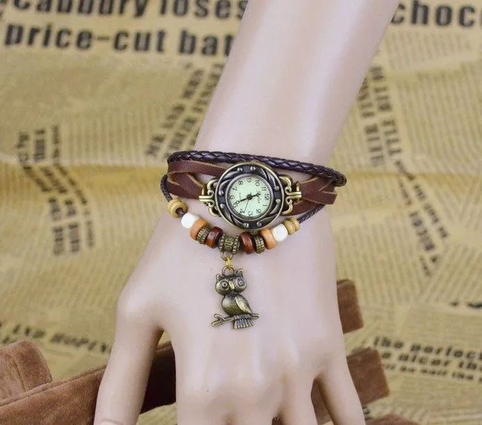 Vintage Watch Leather Strap bronze ladies quartz Watches Owl Pendant item hours wooden Bead Bracelet watch Casual watches