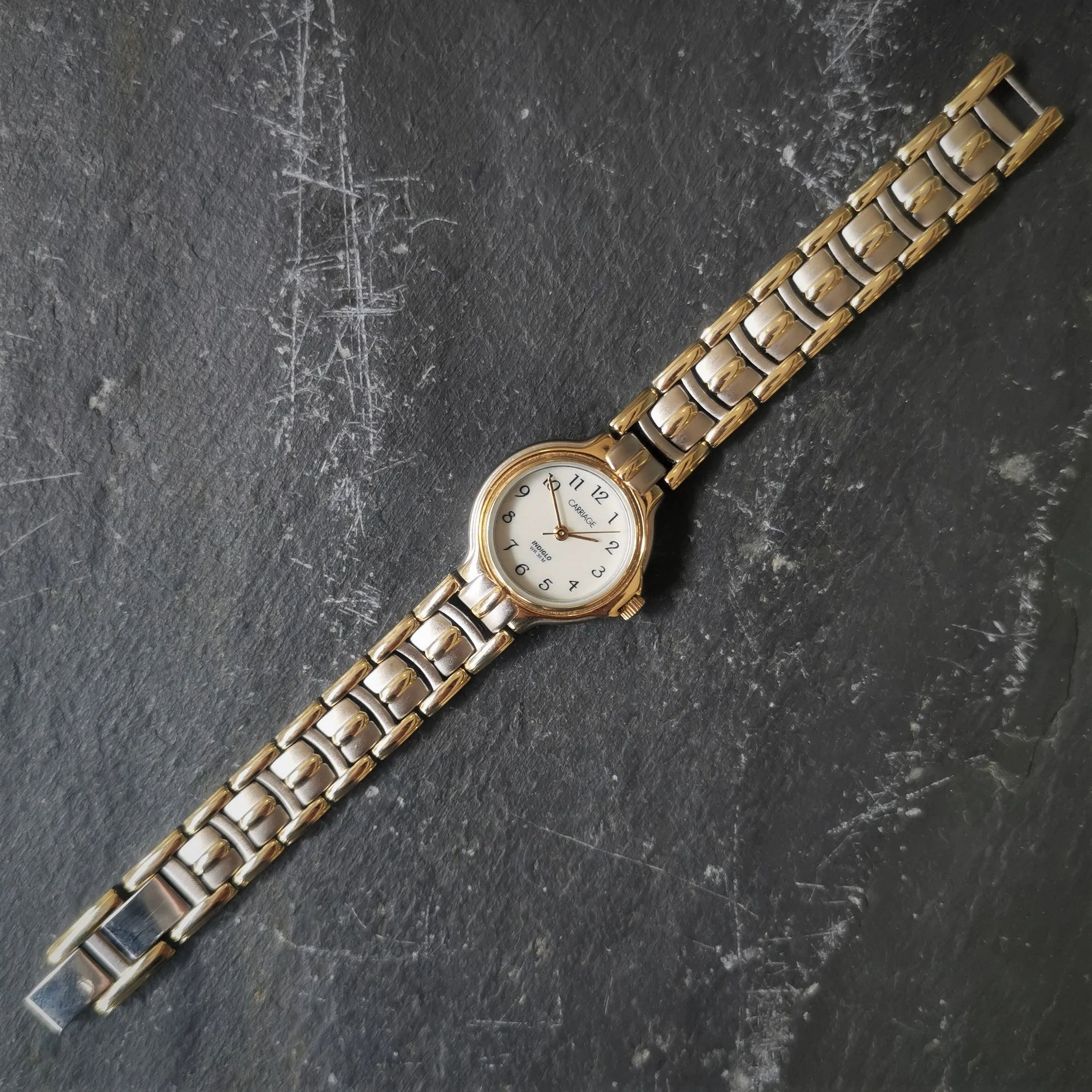 Vintage Women's Carriage Brushed Chrome And Gold Plated Quartz Watch // Indiglo Function // With Watch Extender