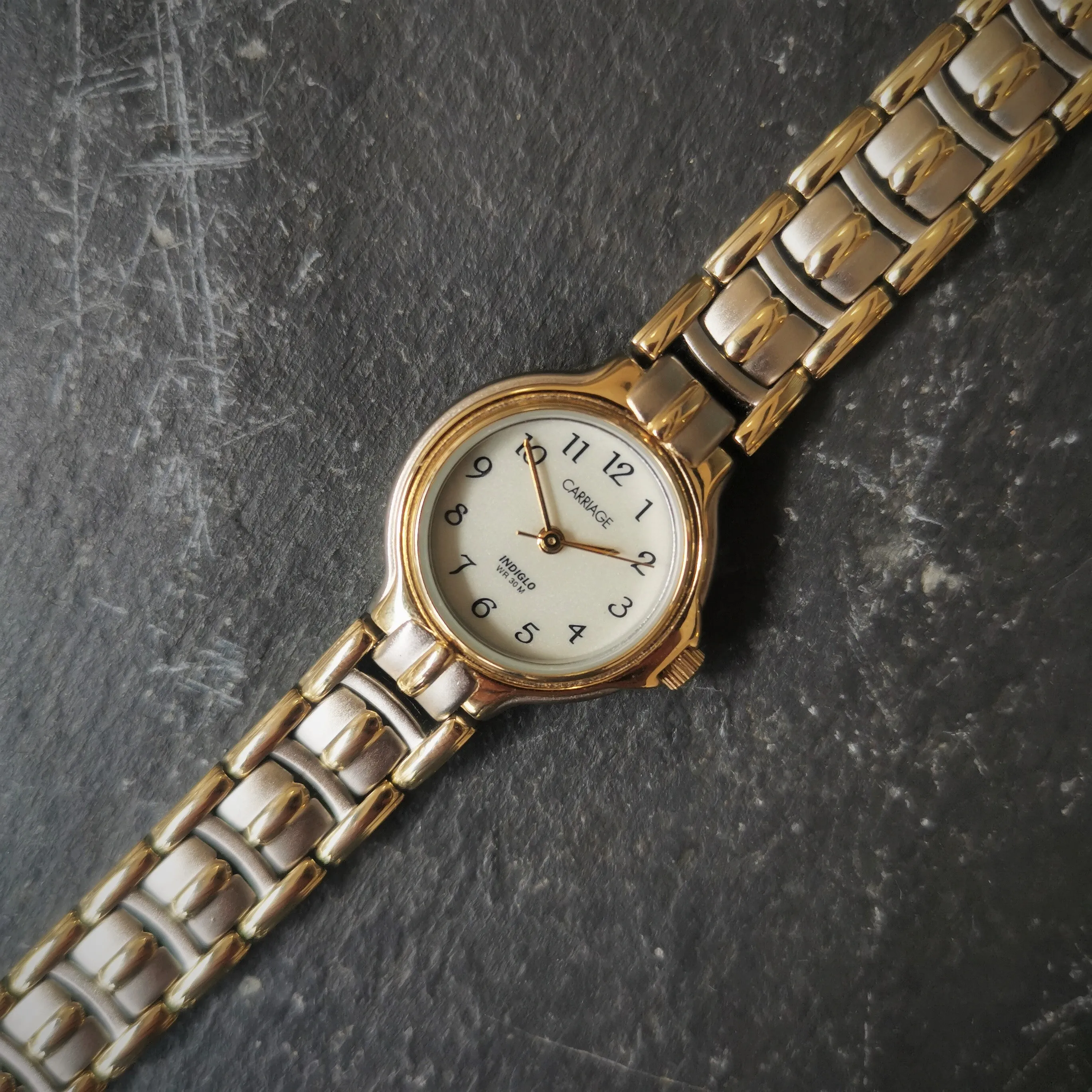 Vintage Women's Carriage Brushed Chrome And Gold Plated Quartz Watch // Indiglo Function // With Watch Extender