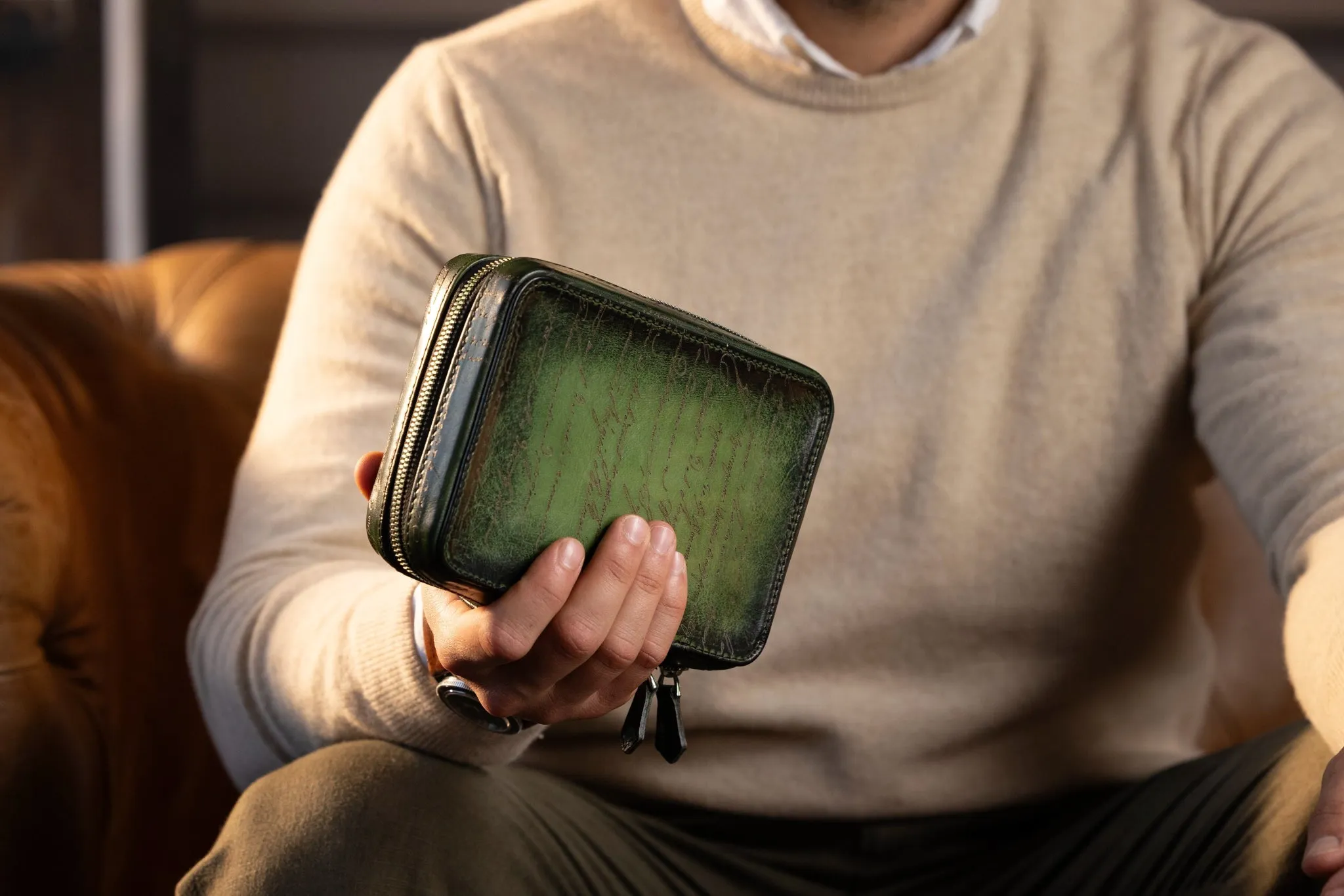 Zipper Watch Case - Parchment Patina Green